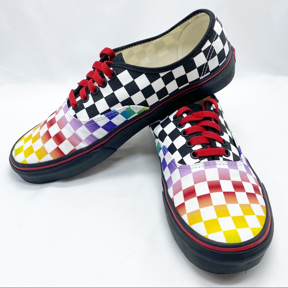 Custom Rainbow Checkered Vans Black Red Stripe 10W
